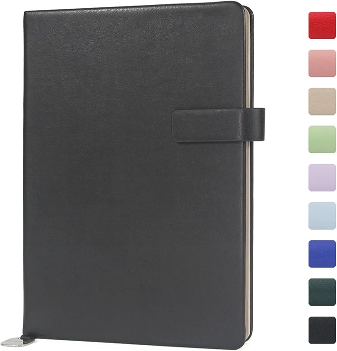 A5 Hard Cover Notebook with Pen Holder, Gold Edges & 180° Lay Flat - Large 5x8.25 Dot Grid, Bookmark, Gift Box - Durable Journal for Office, Study, Travel - Writers, Students(Black)