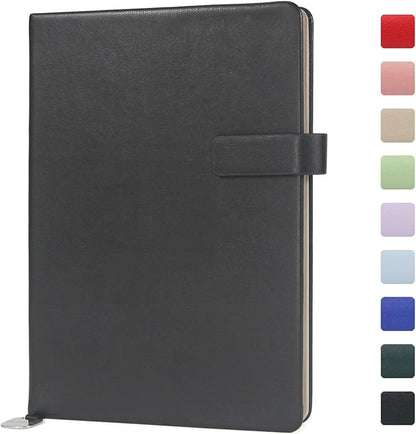 A5 Hard Cover Notebook with Pen Holder, Gold Edges & 180° Lay Flat - Large 5x8.25 Dot Grid, Bookmark, Gift Box - Durable Journal for Office, Study, Travel - Writers, Students(Black)