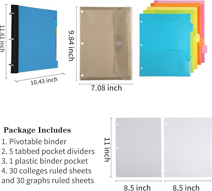 Pivotable Refillable Notebook, 3 Ring Binder Notebooks 1 Inch, Notebook with Dividers and Pockets, Folder Notebook, Flexible Binder, Soft Binders 3 Ring, Foldable Binder- Blue