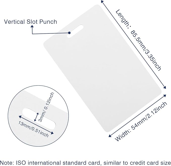 50 Pack Premium Blank PVC Cards with Slot Punch on Short Side - Vertical Slot Punch Blank ID Cards- CAETOUNG CR80 30 Mil Graphic Quality White Plastic Cards for Photo ID Badge Printers