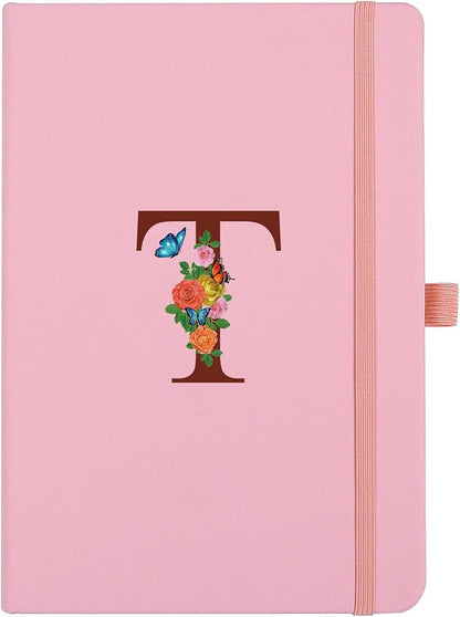 Pink Notebook for Women, 5.7"X8.3" A5 Journal Notebook with Letter T, Dual-Sided Writing Notebook with Dividers, Cute Leather Journal for Work, Business, School, Meetings, Travelers, Small Notebook
