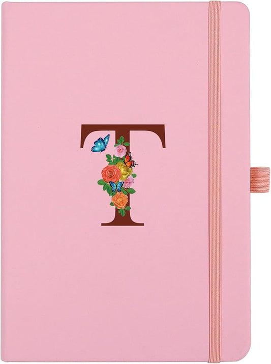 Pink Notebook for Women, 5.7"X8.3" A5 Journal Notebook with Letter T, Dual-Sided Writing Notebook with Dividers, Cute Leather Journal for Work, Business, School, Meetings, Travelers, Small Notebook