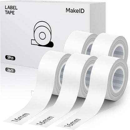 MakeID L1 E1 Q1 Label Maker Tape Refills, 5-Roll 16mm x 4m (0.63" x 13') Continuous Consumables Thermal Laminated Office Labeling Tape Replacement