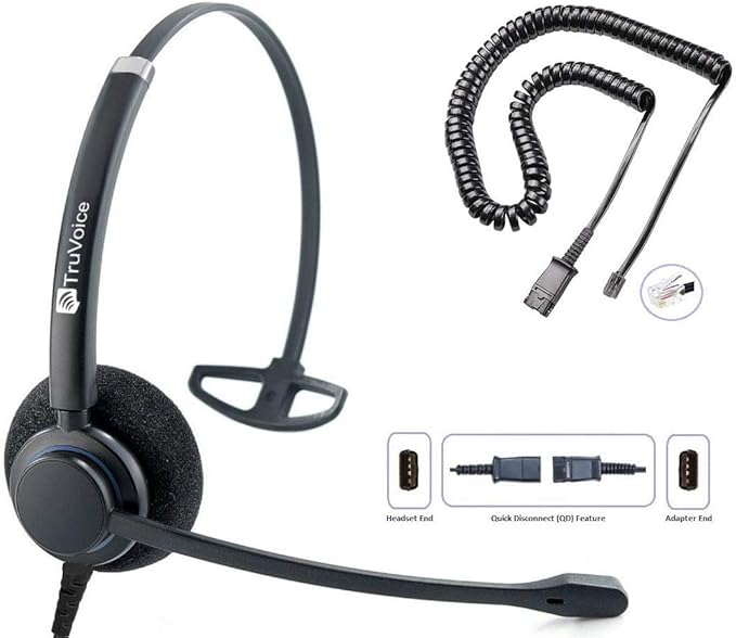 TruVoice HD-100 Office and Call Center Wired QD Headset with Noise Canceling Microphone and HD Speakers - Compatible with Mitel, Nortel, Avaya, Poly, Polycom, Shoretel, Digium, ESI, Fanvil Desk Phone