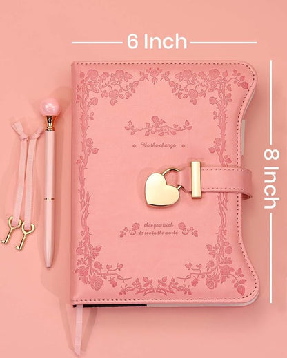 Diary with Lock and Keys for Girls Gift Ideas, 360 Gold Edged Pages Journal for Women, B6 Refillable Notebook for Writing with Pen and Bookmark (Garden Pink)