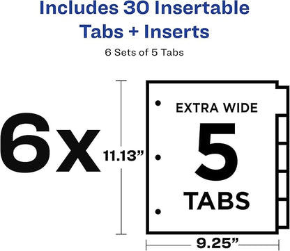Avery Extra-Wide Big Tab Insertable Dividers for 3 Ring Binders, 5 Tab Sets, White Paper, Clear Tabs, Works with Sheet Protectors, 6 Sets (41121)