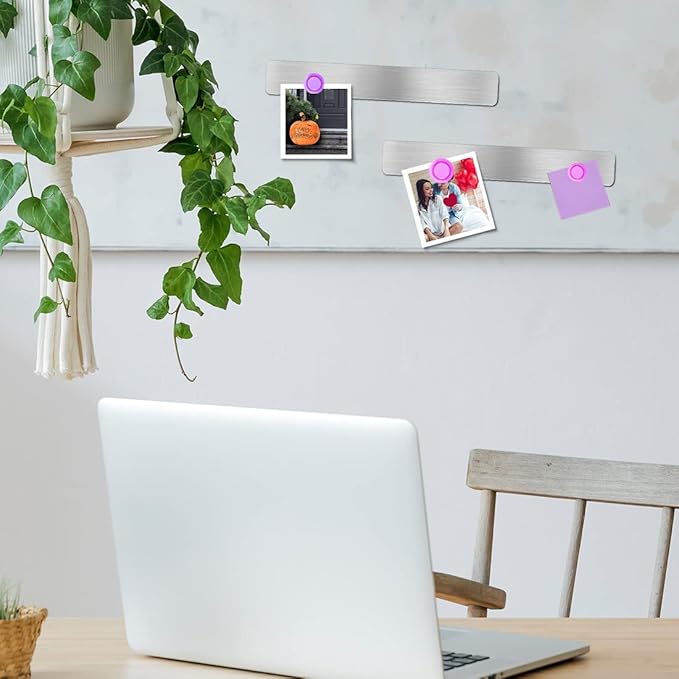 Frameless Magnetic Stainless Iron Board Strips, Adhesive Backing Bulletin Bar Board with 10 Pieces Colorful Magnet, Memo Strip for Office Home 4Pcs
