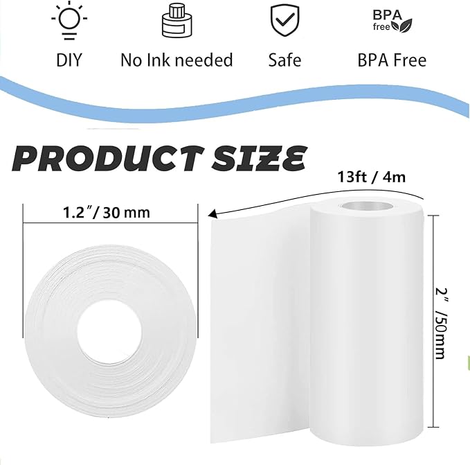16 Rolls Self-Adhesive Thermal Paper, Glossy Thermal Printer Paper for Mini Portable Printer, 50mm X 4m, Diameter 30mm, Thermal Labels for Most Pocket Printer