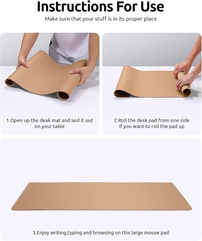 YSAGi Leather Desk Protector, Office Mat, Large Mouse Pad, Non-Slip PU Leather Blotter, Laptop Desk, Waterproof Writing Pad for Office and Home (Khaki, 35.4" x 17")