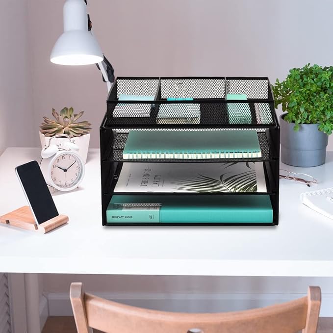 EASEPRES Paper Organizer Tray, 3 Tier Mesh Desk File Organizer Letter Sorter Holder with Drawer for Home Office, Black