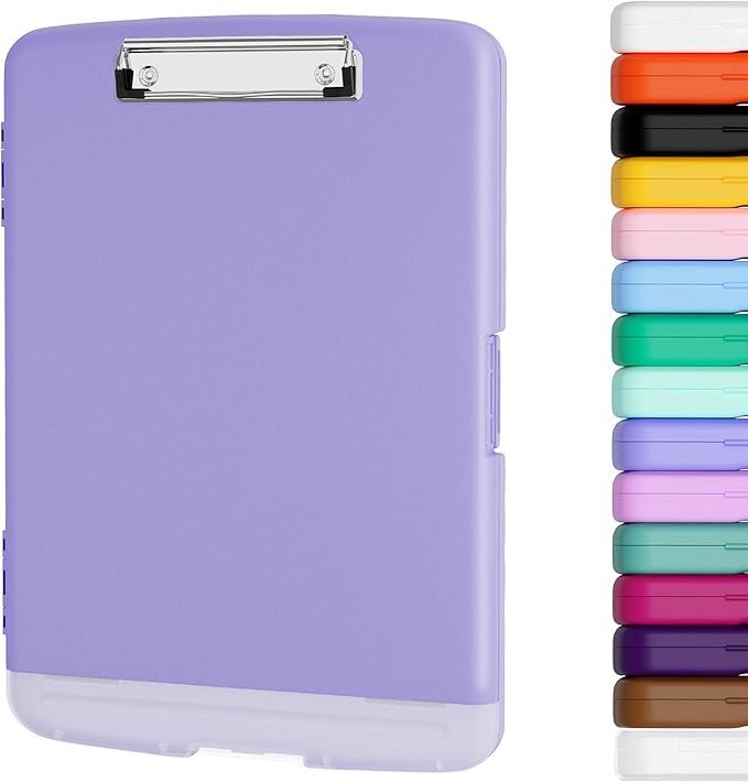 Piasoenc Clipboard with Storage, 8.5 x 11 Organization Box with Pen Holder and A4 Legal Paper Folder, Heavy Duty Plastic, Folio & Side-Opening, Low Profile Clip, for Nurses, Teachers, Purple