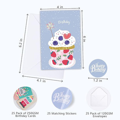 Birthday Cards,25 Pcs Blank Cards with Envelopes & Stickers,25 Design,4x6 Inches Happy Birthday Card,Birthday Card for Kids,Friends,Family and Colleagues