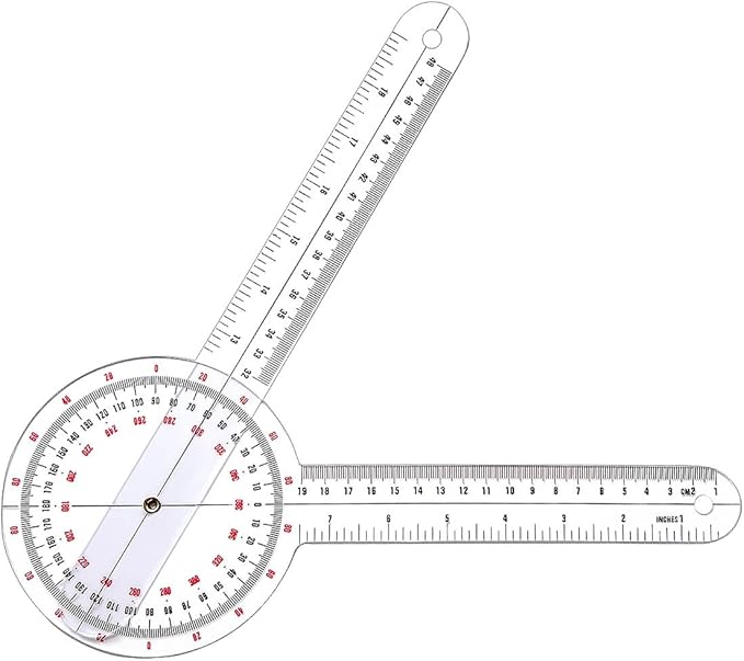 Goniometer 12 inch, Transparent Orthopedic Angle Ruler Plastic Goniometer, 360 Degree Clear Protractor Physical Therapy for Body Measuring Tape Goniometer Protractor Ruler