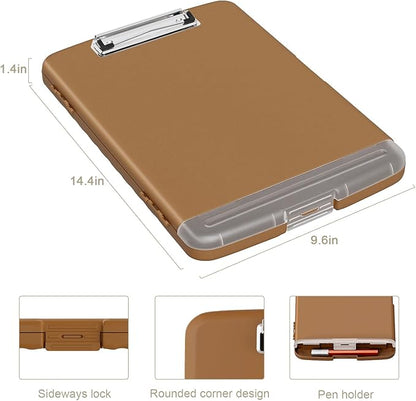 Piasoenc Clipboard with Storage, 8.5 x 11 Organization Box with Pen Holder and A4 Legal Paper Folder, Heavy Duty Plastic, Folio & Side-Opening, Low Profile Clip, for Nurses, Teachers, Brown