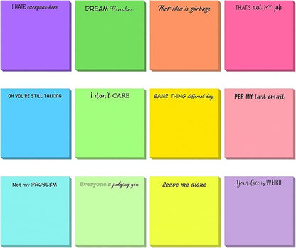 12 Pieces Snarky Office Sticky Notes Funny Note Pads Work Sucks Complaining Quotes Vibrant Negative Passive Office Notepads Adhesive Memo Pad for Colleague Supplies, 3 x 3 Inch(Stylish Style)