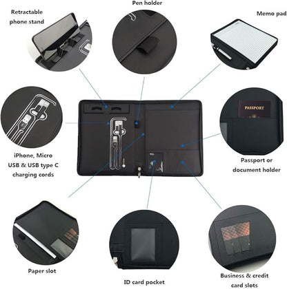 Phone Charging Business & Travel Portfolio w/Built-in Power Bank- Zipper Closure & Refillable Pad- Professional Organizer Padfolio That Charges Phones/Tablets on The Go (Black)