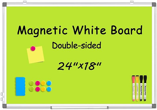 WALGLASS Magnetic Whiteboard 24"x18" Dry Erase White Board for Walls with Pen Tray, Aluminium Frame and Dry-Wipe Writing Surface for Kids' Drawing, Home, and Office (Green)