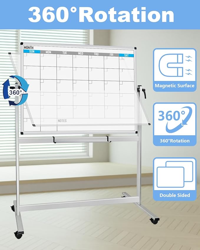 XBoard Magnetic Mobile Whiteboard, Double Sided Magnetic Dry Erase White Board on Wheels, Large Portable Easel with Stand and Aluminium Frame for Home School Office (Calendar 48x36-Inch)