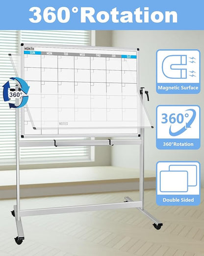 XBoard Magnetic Mobile Whiteboard, Double Sided Magnetic Dry Erase White Board on Wheels, Large Portable Easel with Stand and Aluminium Frame for Home School Office (Calendar 48x36-Inch)