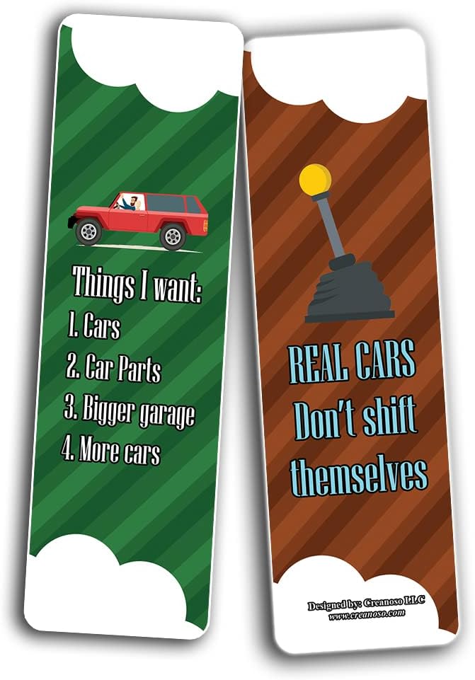 Creanoso A Car Lover Guy Uproarious Humor Bookmarks Sayings (10-Sets x 6 Cards) – Great Bulk Set Incentive Page Binders for Bookworm, Bibliophiles – Stocking Stuffers Gifts Rewards Token Ideas