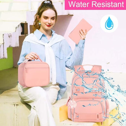 3PCS Laptop Backpack for Girls, 17" Water Resistant School Bag with Lunch Box, Cute Pink Bookbag Set for Women College Teenagers High Middle Elementary School