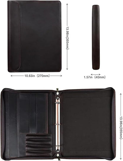 Padfolio Binder- A4 Letter Size 3-Ring Binder, Leather Portfolio Folder Organizer Deep Brown Crazy Horse Leather with Free Name Engraving. Includes Business Card Holder and Letter-Sized Writing Pad.