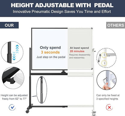 Rolling Whiteboard, 48 x 32 Inches Magnetic White Board with Stand, Double-Sided Large Standing Dry Erase Board on Wheels, Height-Adjustable Mobile Dry Erase Board for Office, Home, Classroom