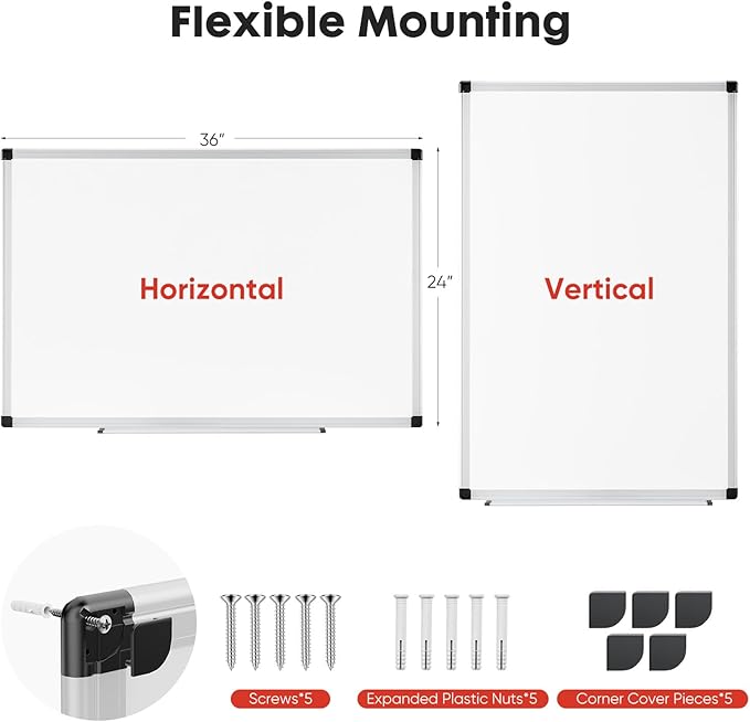 Sweetcrispy Magnetic Dry Erase Board, 36 X 24 Inches Whiteboard for Home Office School, Sliver Reinforced Aluminum Frame,1 Dry Eraser & 2 Dry Erase Markers & 4 Magnetic Pins