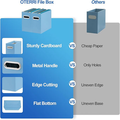 Oterri File Organizer, Small Storage Box, Cardboard File Folder Organizer, Collapsible File Box, Hanging File Organizer for Letter Size, Portable File Box with Handle, Only Box (Blue, 6 Packs)