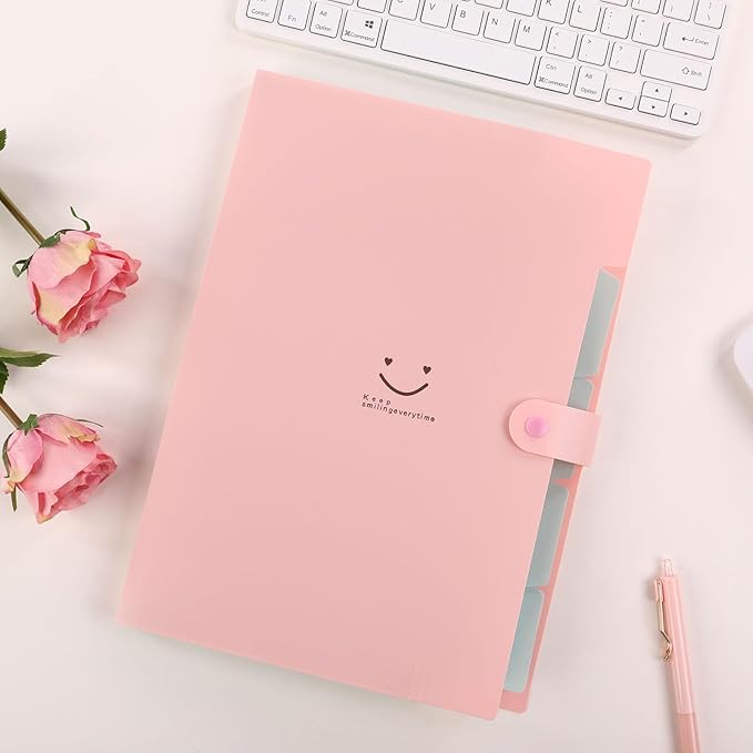 SKYDUE Expanding File Folder 5 Pockets, Skydue Letter A4 Paper Accordion Document Organizer (Pink)