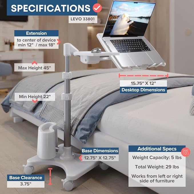LEVO G2-801 Deluxe Rolling Laptop Stand with Mouse Tray - Silver & White