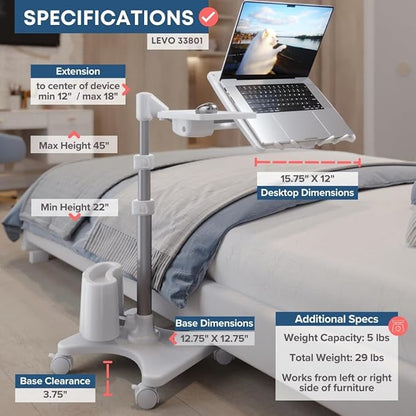 LEVO G2-801 Deluxe Rolling Laptop Stand with Mouse Tray - Silver & White
