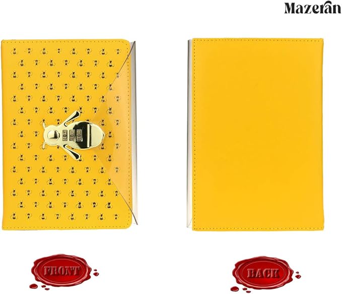 Mazeran Bee Shaped Combination Lock Journal, PU Leather Hard Cover Notebook Cute Diary, A5 Lined Password Locking Personal Planner Secret Organizer Gift for Girls Women Daughter