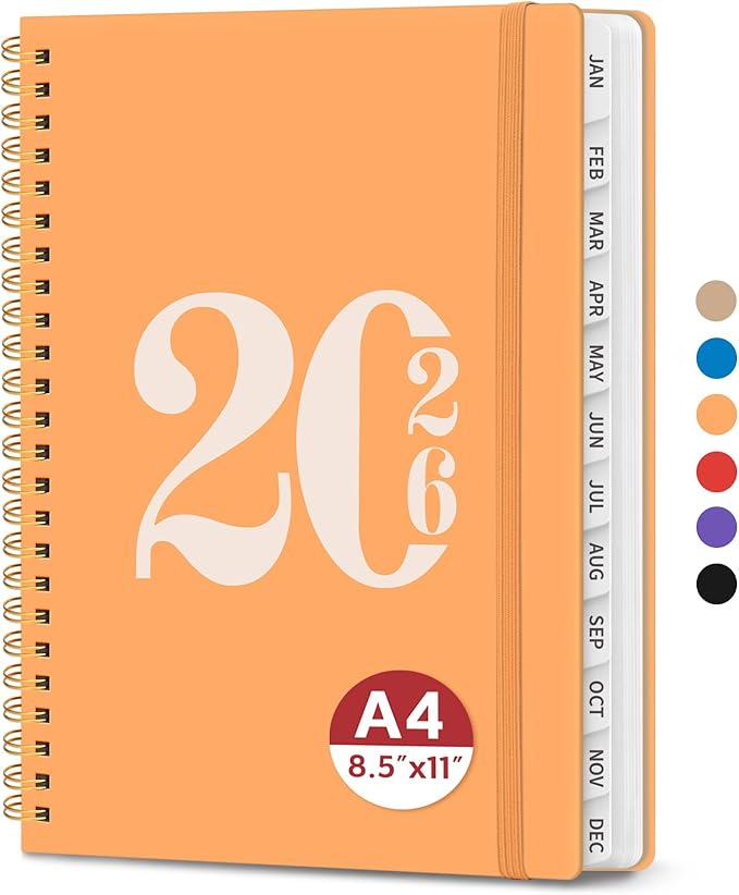 2026 Planner, Weekly and Monthly Calender Planner, Jan 2026 to Dec 2026, Hardcover 2026 Calendar Planner Book with Tabs & Inner Pocket, Office Home School Supplies for Women & Men - A4 (8.5" x 11"), Bright Orange