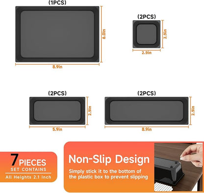 7 Pcs Plastic Drawer Organizer Set,4 Size Small Storage Containers for Organizing Jewelry,Utensil,Junk,Tea,Makeup,Shallow Drawer Organizers Tray Suitable for Office,Desk,Bathroom,Vanity,Kitchen,Black