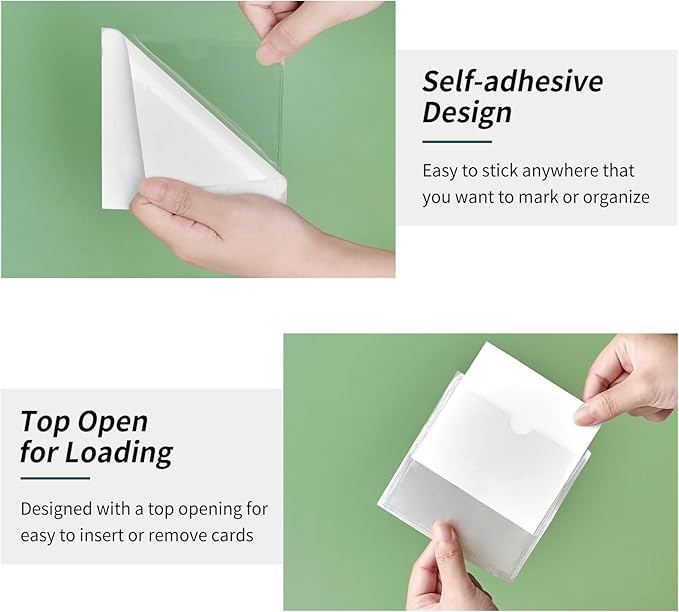 52 Pack Index Card Pockets with Top Open, 4 x 4 Inch Adhesive Label Pockets Clear Plastic Index Card Holder for Organizing, Storage Bins, Library Cards, Notes