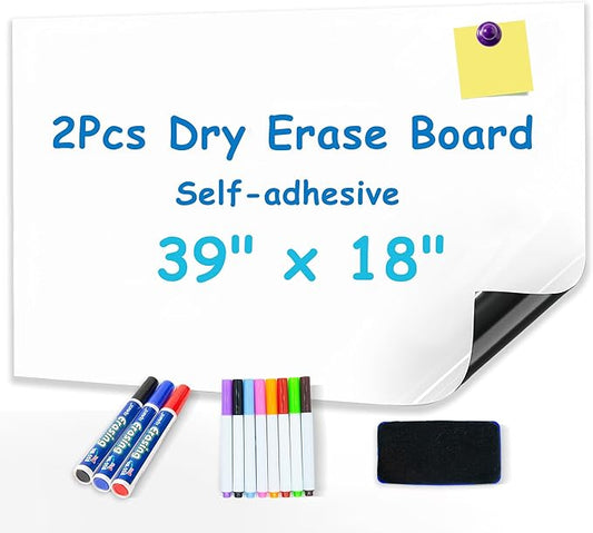 2 Pcs Magnetic Whiteboard Contact Paper 39'' x 18'', YOUNGJQ Adhesive Magnetic Dry Erase White Board Sticker for Wall Peel and Stick Wallpaper Easy to Write and Clean for Kids Playroom Office