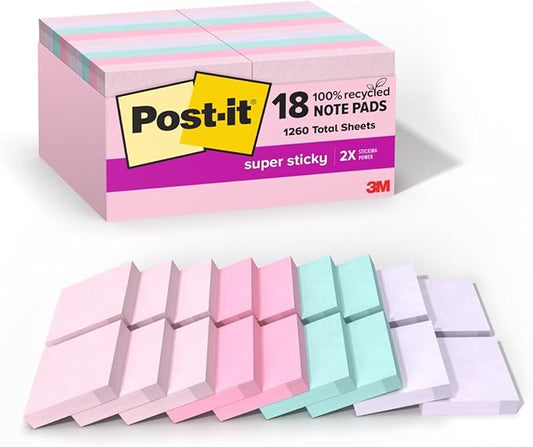 Post-it 100% Recycled Paper Super Sticky Notes, 18 Sticky Note Pads, 1 7/8 in. x 1 7/8 in., Sticky Notes for Vertical Surfaces, Monitors, Walls and Windows, Wanderlust Pastels Collection