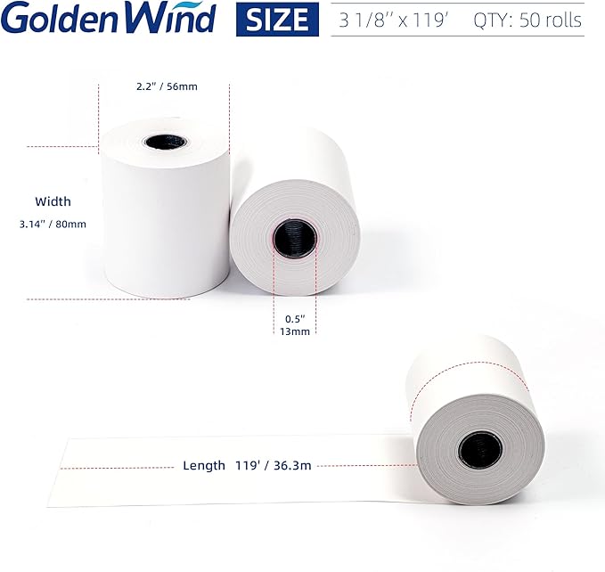 50 Rolls, GOLDEN WIND Thermal Paper Receipt Roll, 3 1/8" x 119', Premium Quality 55GSM for Cash Register/POS Thermal Printer Receipt, BPA Free White.