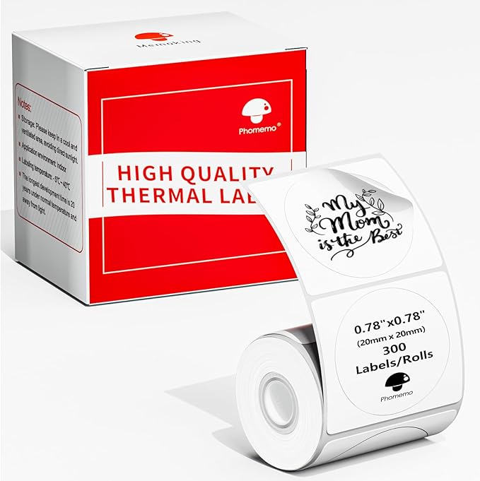 Phomemo Thermal Sticker Label Paper, Multi-Purpose Self-Adhesive Tag for M120/M110/M100/M200/M220/M150/M250 Label Maker Machine, 0.78"x0.78"(20X 20mm), 300 Labels/Roll,Black on White
