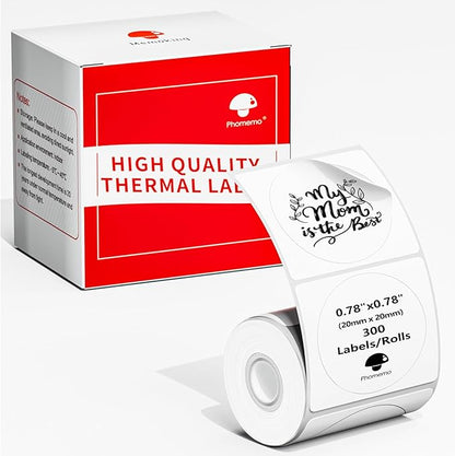Phomemo Thermal Sticker Label Paper, Multi-Purpose Self-Adhesive Tag for M120/M110/M100/M200/M220/M150/M250 Label Maker Machine, 0.78"x0.78"(20X 20mm), 300 Labels/Roll,Black on White