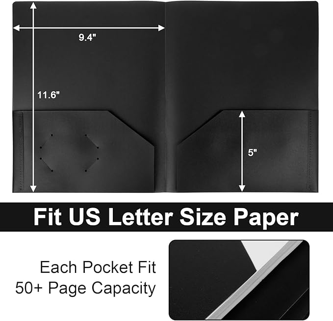 12-Pack Plastic Folders with Pockets,2-Pocket Poly Folders Holds 8-1/2" x 11" Paper for School/Office/Home, Black
