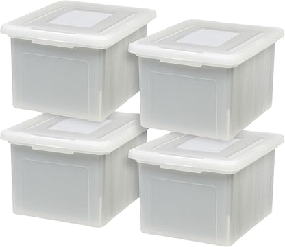IRIS USA File Box File Organizer Plastic File Box for Letter/Legal File, BPA-Free Plastic Storage Bin Tote Organizer with Durable and Secure Latching Lid, Stackable, Nestable, Pearl 35 Qt. 4 Pack