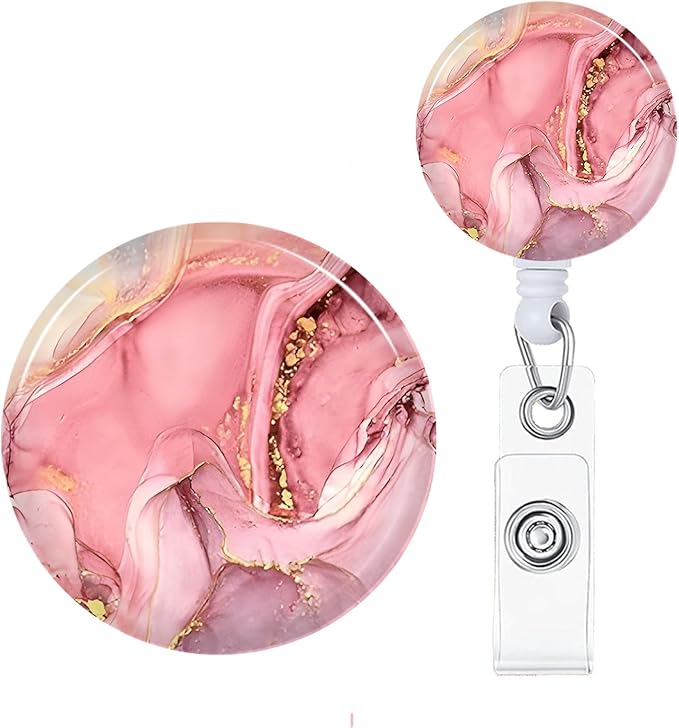 Pink Marble Badge Reels Holder Retractable with ID Clip for Nurse Name Tag Card Nursing for Doctor Teacher Student Employee Office Medical Work