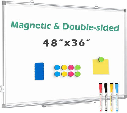 Double Sided Magnetic White Board, 48"x36" Dry Erase Whiteboard for Wall with Aluminum Frame Large Presentation Board for School, Office and Home