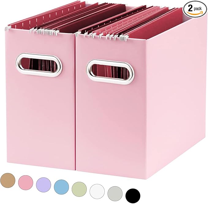 Oterri File Organizer, Small Storage Box, Cardboard File Folder Organizer, Collapsible File Box, Hanging File Organizer for Letter Size, Portable File Box with Handle, Only Box（Pink，2 Packs）