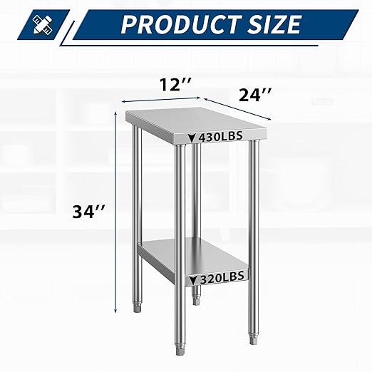 Stainless Steel Table for Prep & Work 24 x 12 Inches, NSF Commercial Heavy Duty Food Prep Worktable with Undershelf for Restaurant, Home and Hotel Christmas Preparation Table