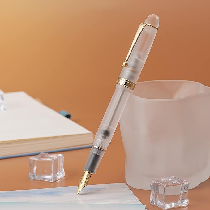 Asvine V126 Vacuum Filling Fountain Pen Extra Fine Nib, Frosted Transparent Clear Acrylic, Large-Capacity with Gift Case