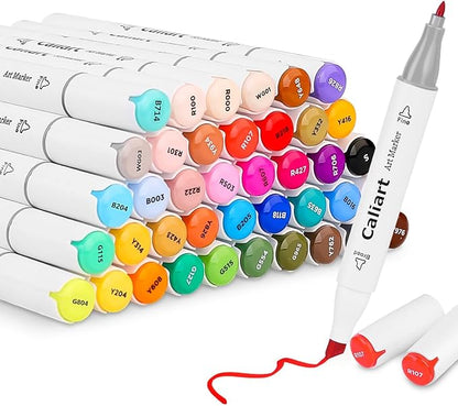 Caliart 41 Colors Dual Tip Art Markers Permanent Alcohol Based Markers Colored Artist Drawing Marker Pens Highlighters With Case for Coloring Animation Illustration Painting Card Making Underlining