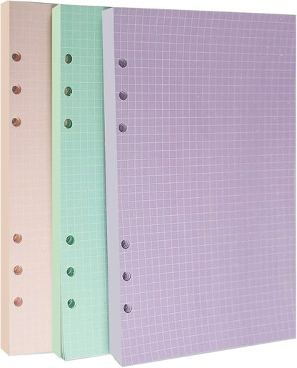 Chris.W A5 Refills Paper, 3 Pack 40 Sheets A5 Colorful Grid Binder Paper, 3 Pcs Binder Pockets, 1 Page Marker - 6 Hole Notebook Inserts for 6 Ring Refillable A5 Binder Notebook Planner